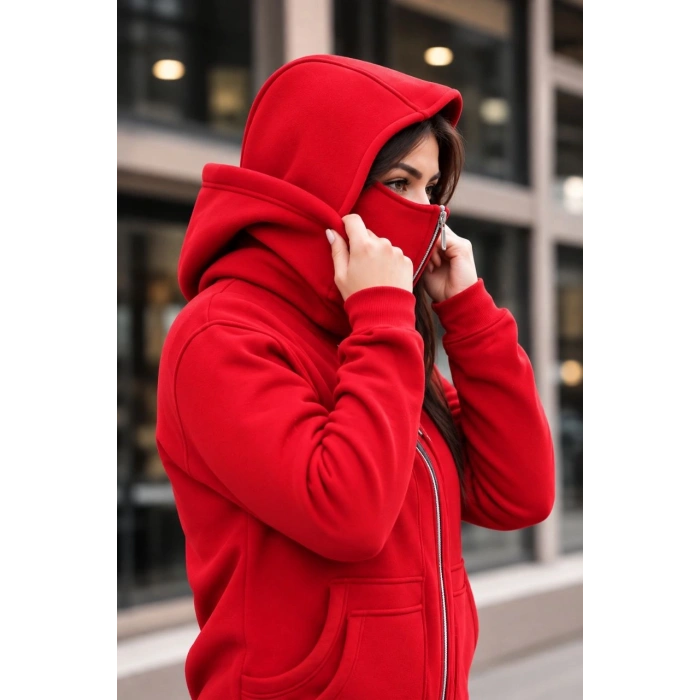 Kadın Maskeli Ninja Model Çift Kapüşonlu 3 İplik Şardonlu Fermuarlı Oversize Sweatshirt - Kırmızı
