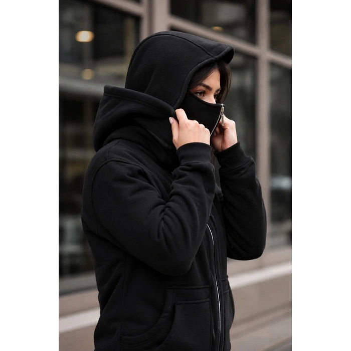 Kadın Maskeli Ninja Model Çift Kapüşonlu 3 İplik Şardonlu Fermuarlı Oversize Sweatshirt - Siyah