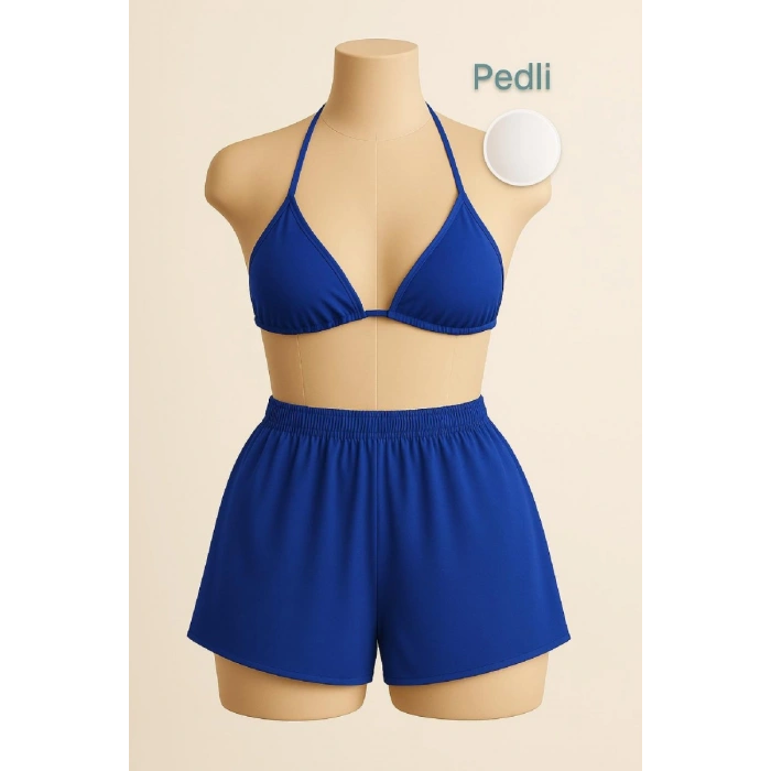 Kadın Mavi Şortlu Belden Ve Boyundan Bağlamalı Bikini Takımı