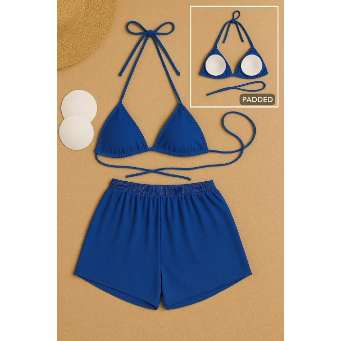 Kadın Mavi Şortlu Belden ve Boyundan Bağlamalı Bikini Takımı
