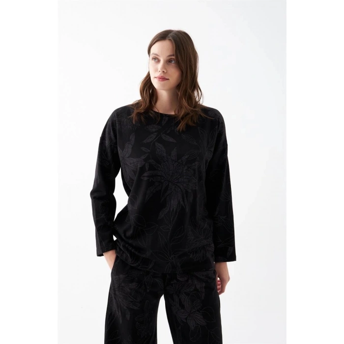 Kadın Oversize Siyah Çiçek Desenli Pamuklu Kalın Pijama Takımı