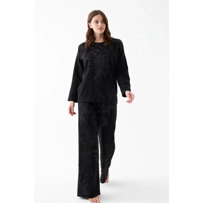Kadın Oversize Siyah Çiçek Desenli Pamuklu Kalın Pijama Takımı