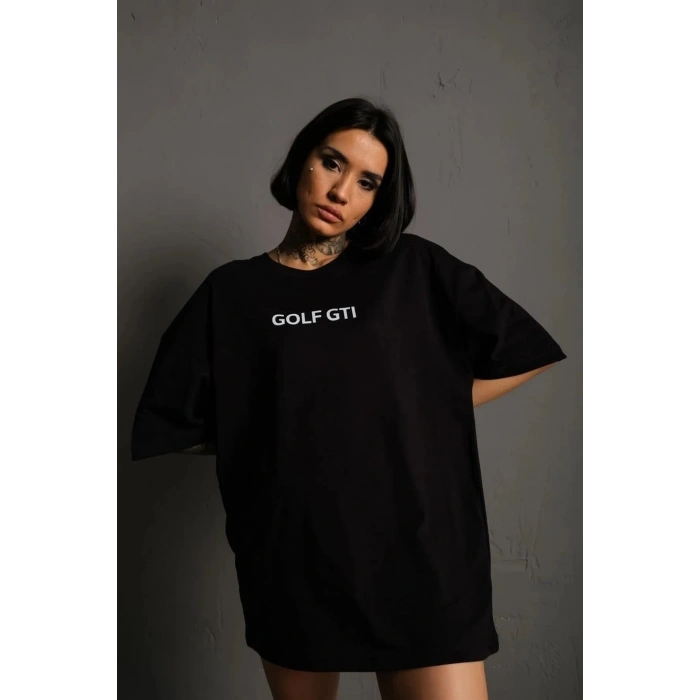 Kadın Oversize Tişört Golf GTI Retro Araba Baskılı T-shirt - Siyah