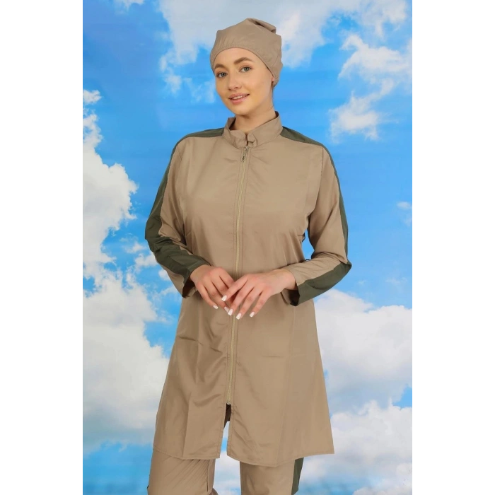 Kadın Pantolonlu Kolu Şeritli Tam Tesettür Mayo Bej