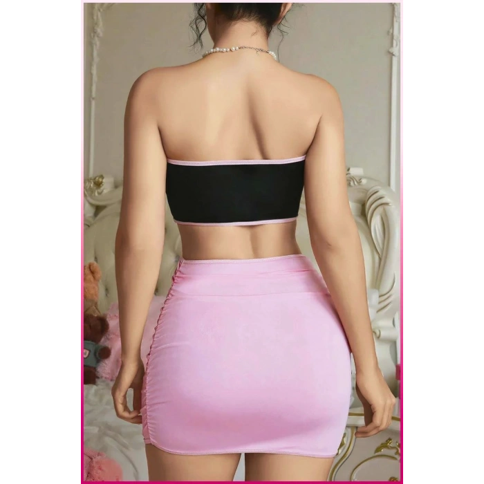 Kadın Pembe Ekose Etekli Seksi Kostüm