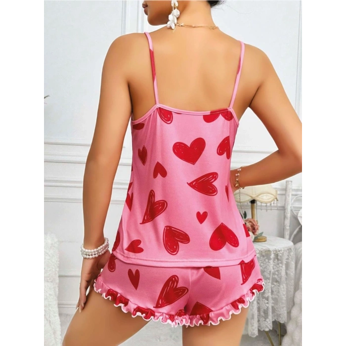 Kadın Pembe Kalp Baskılı Şortlu Gecelik Pijama Takımı 5050