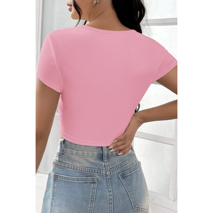 Kadın Pembe Yarım Kol Düz Yaka Crop Top Bluz