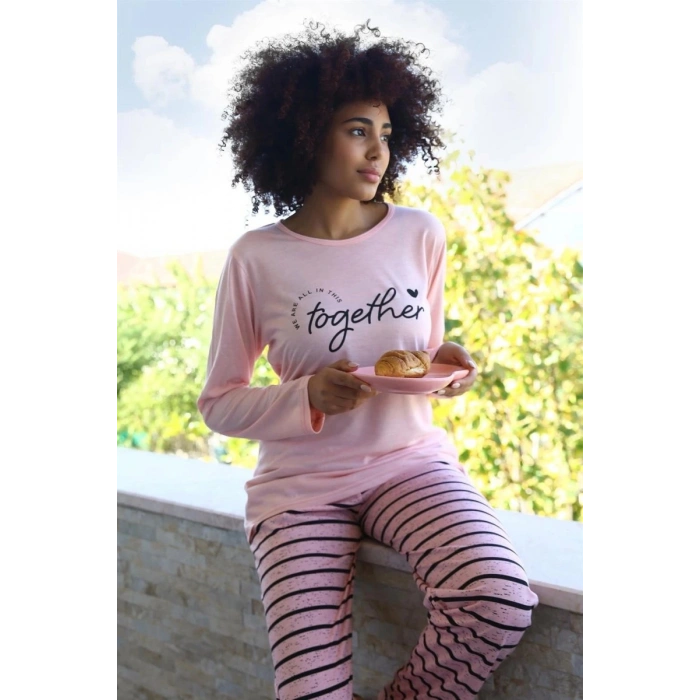 Kadın Penye Uzun Kol Pijama Takım Pembe