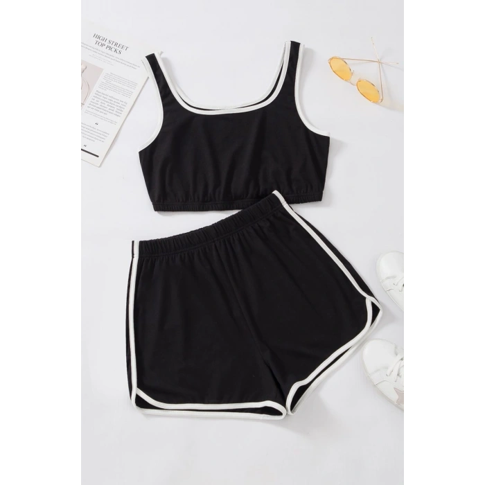 Kadın Siyah Askılı Crop Top Ve Şortlu Gecelik Takım