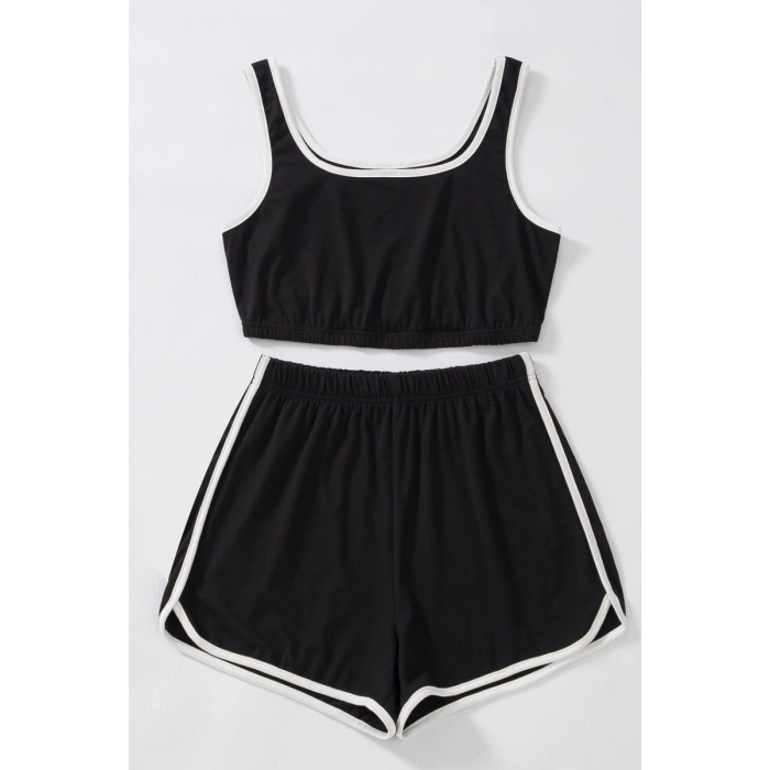 Kadın Siyah Askılı Crop Top Ve Şortlu Gecelik Takım