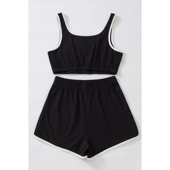 Kadın Siyah Askılı Crop Top Ve Şortlu Gecelik Takım