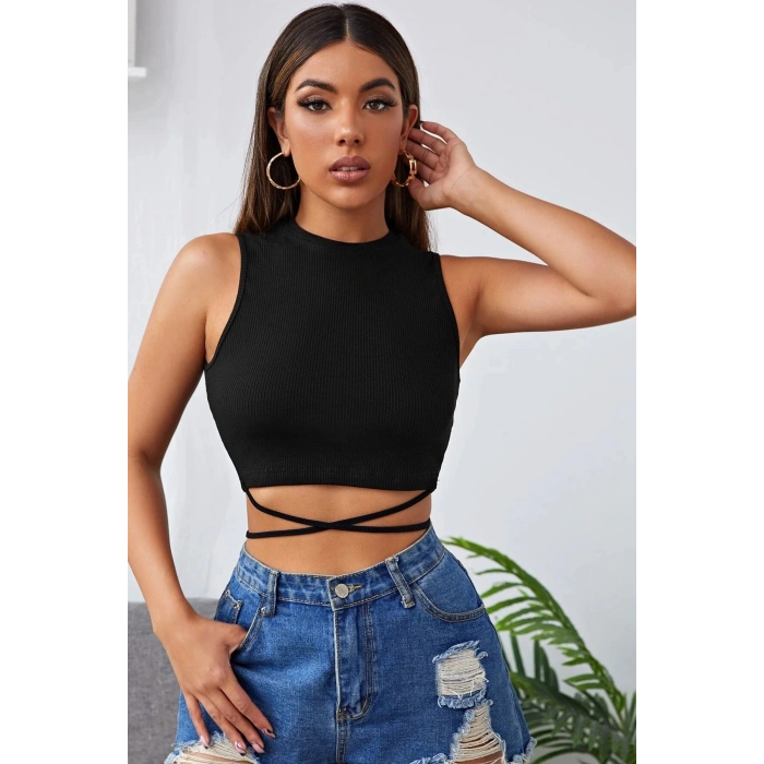 Kadın Siyah Çapraz Bağlamalı Crop Top Büstiyer
