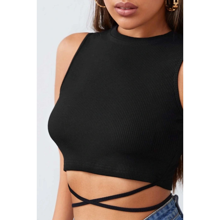Kadın Siyah Çapraz Bağlamalı Crop Top Büstiyer