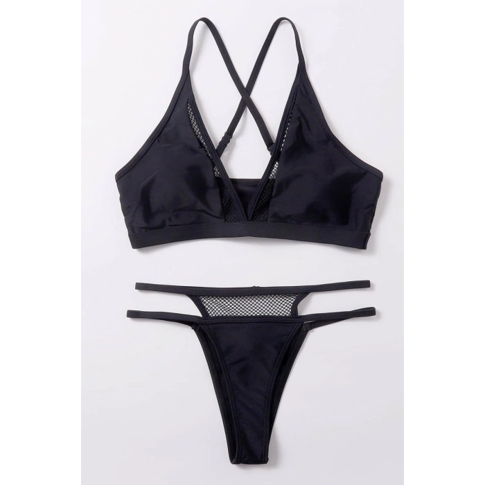 Kadın Siyah File Detaylı Özel Bikini Takımı