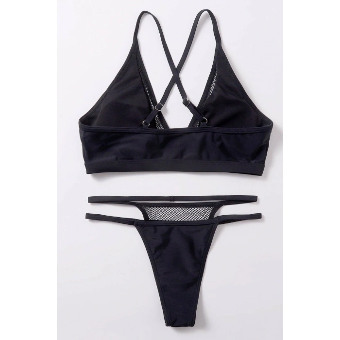 Kadın Siyah File Detaylı Özel Bikini Takımı