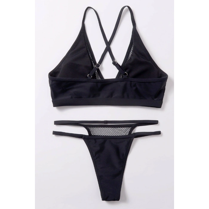 Kadın Siyah File Detaylı Özel Bikini Takımı
