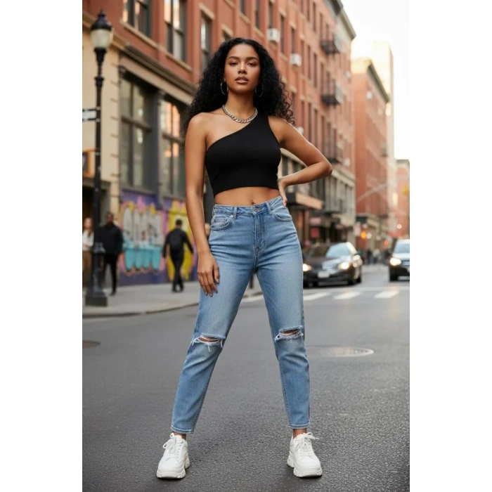 Kadın Siyah Fit Görünümlü Tek Omuz Crop Top Büstiyer