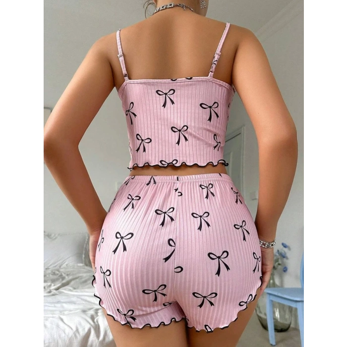 Kadın Siyah  Fiyonklu Şortlu Takım Mini Pembe Rahat