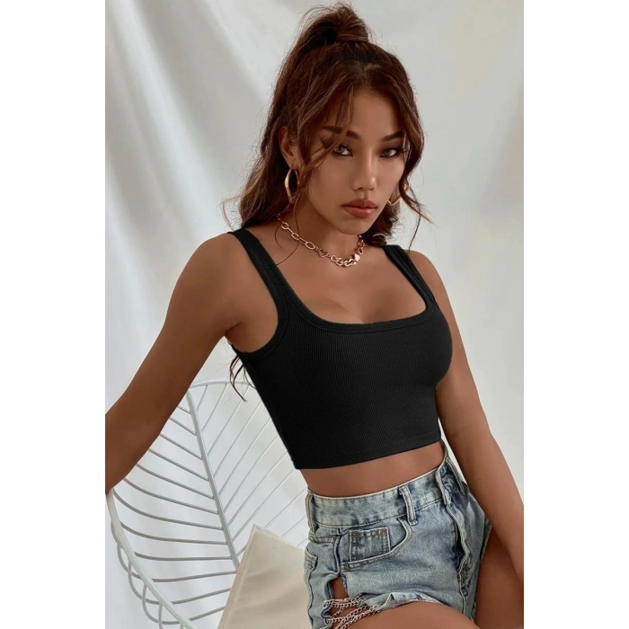 Kadın Siyah Kalın Askılı Crop Top Büstiyer Esnek Kumaş Şık Basic Kadın Üst Giyim