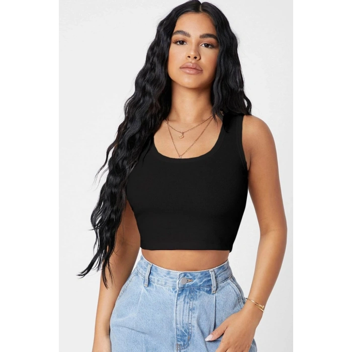 Kadın Siyah Kare Yaka Crop Top Bluz