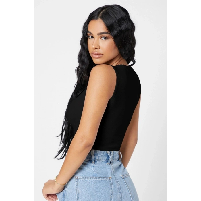 Kadın Siyah Kare Yaka Crop Top Bluz