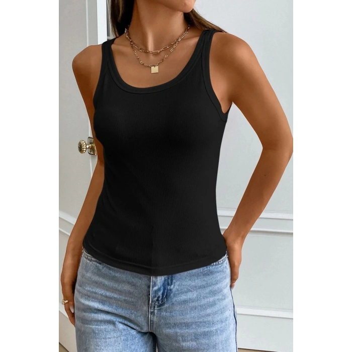 Kadın Siyah Kolsuz Kalın Askılı Uzun Crop Top Bluz & Atlet Modern Basic Üst