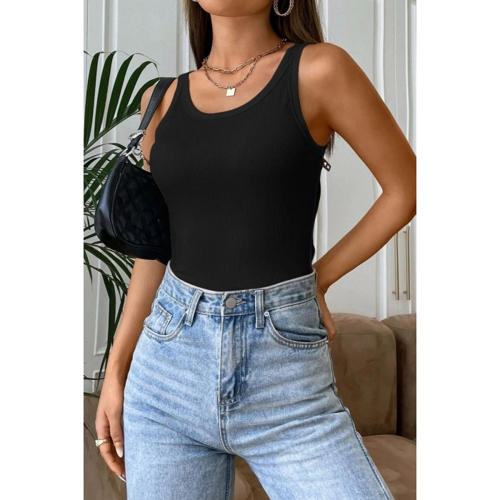 Kadın Siyah Kolsuz Kalın Askılı Uzun Crop Top Bluz & Atlet Modern Basic Üst