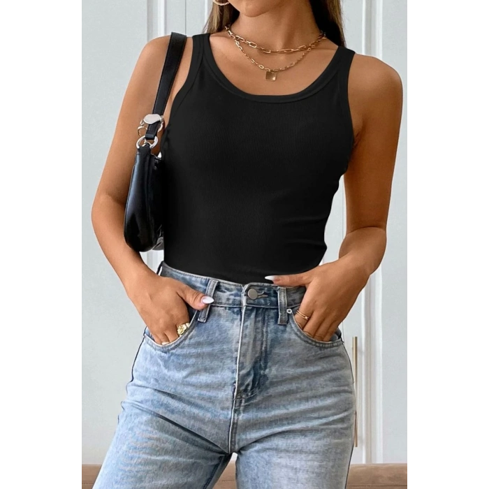 Kadın Siyah Kolsuz Kalın Askılı Uzun Crop Top Bluz & Atlet Modern Basic Üst