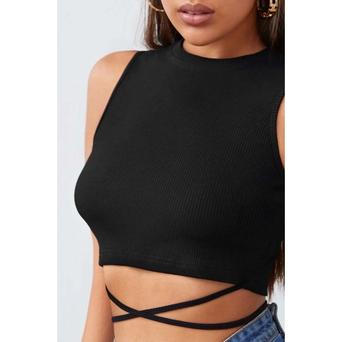 Kadın Siyah Modern Fit Çapraz Bağlamalı Crop Top Büstiyer