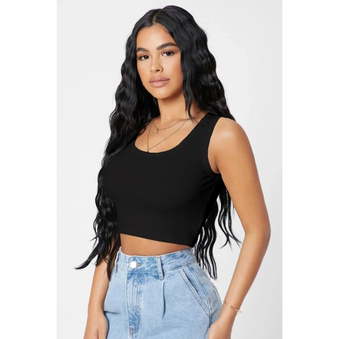 Kadın Siyah Modern Fit Kare Yaka Crop Top Bluz