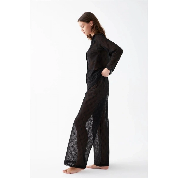 Kadın Siyah Şeffaf Jakar Düğmeli Pijama Takımı