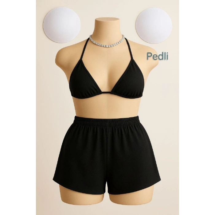 Kadın Siyah Şortlu Belden Ve Boyundan Bağlamalı Bikini Takımı