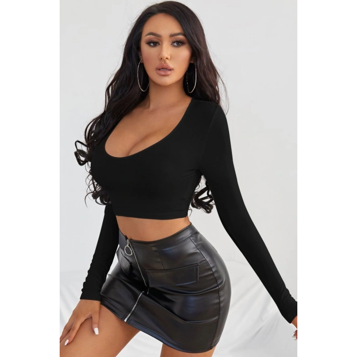 Kadın Siyah Uzun Kol Kare Yaka Crop Top Bluz