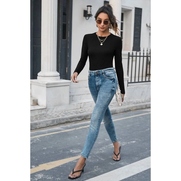 Kadın Siyah Uzun Kollu Fit Basic Crop Top Bluz