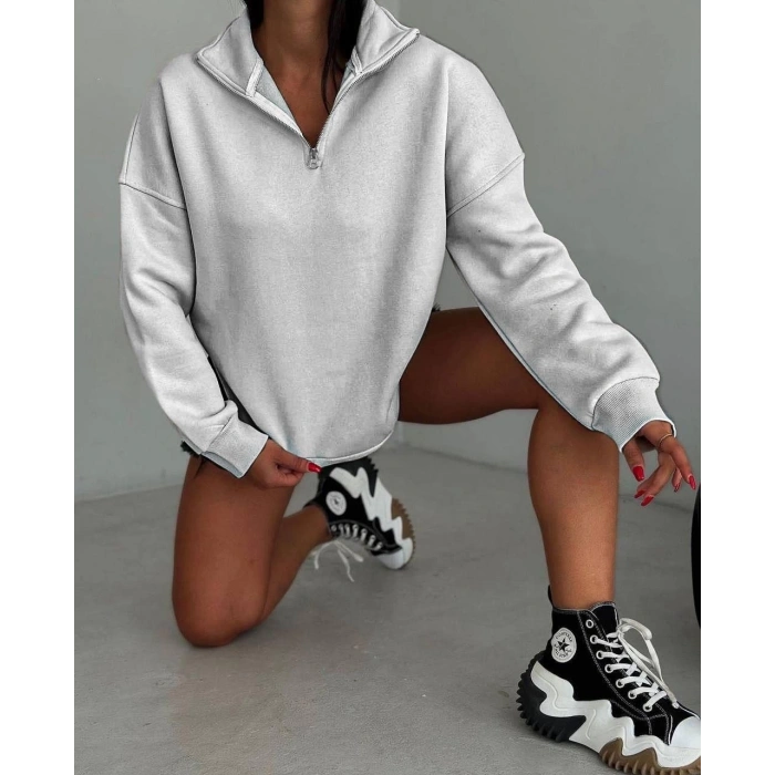 Kadın Yarım Fermuarlı Üç İplik Sweatshirt - Gri