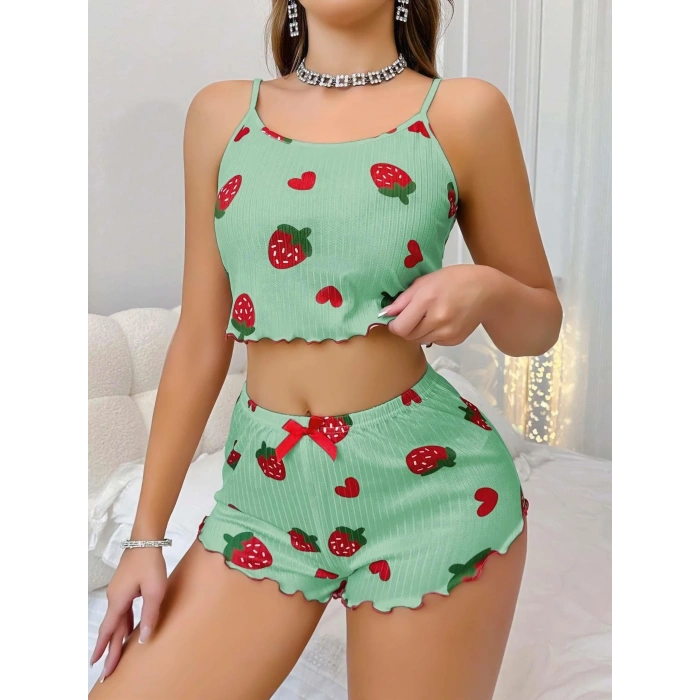 Kadın Yeşil Çilek desenli Şortlu Pijama Takımı 5060