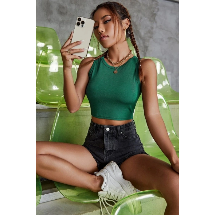 Kadın Yeşil Kare Yaka Crop Top Bluz