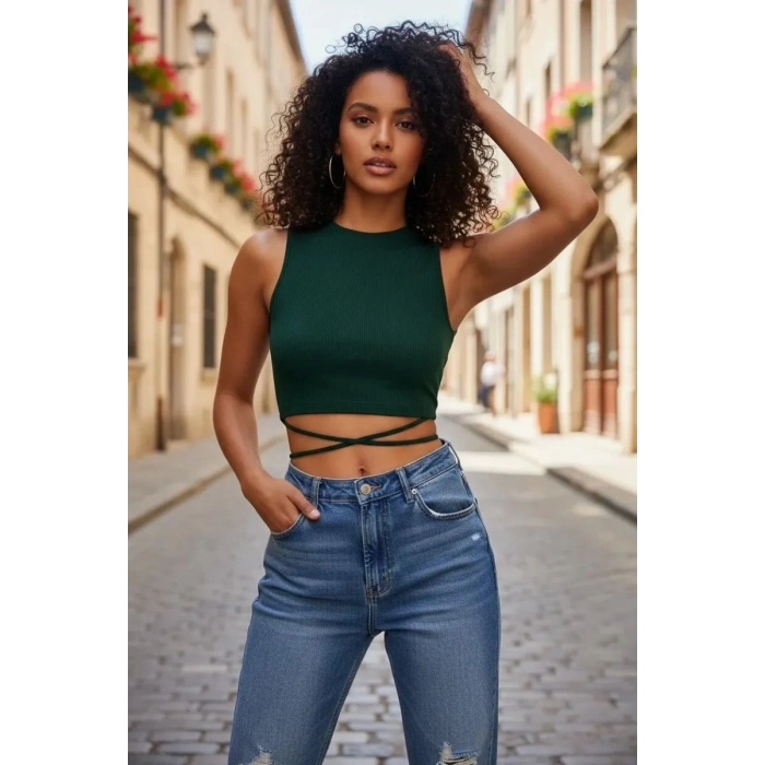 Kadın Yeşil Modern Fit Çapraz Bağlamalı Crop Top Büstiyer