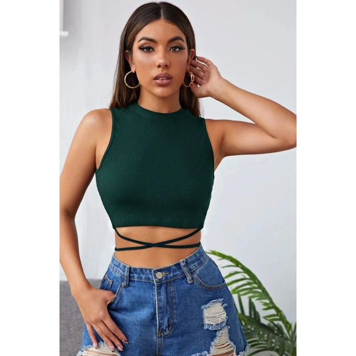 Kadın Yeşil Modern Fit Çapraz Bağlamalı Crop Top Büstiyer