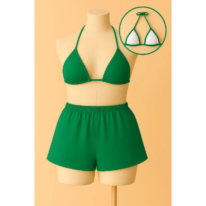 Kadın Yeşil Şortlu Belden Ve Boyundan Bağlamalı Bikini Takımı