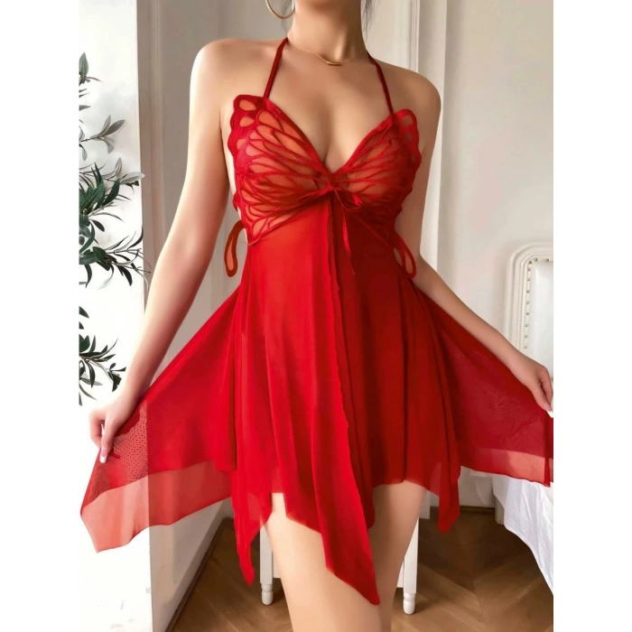 Kırmızı Butterfly Lace  İşlemeli Tül Fantezi Gecelik