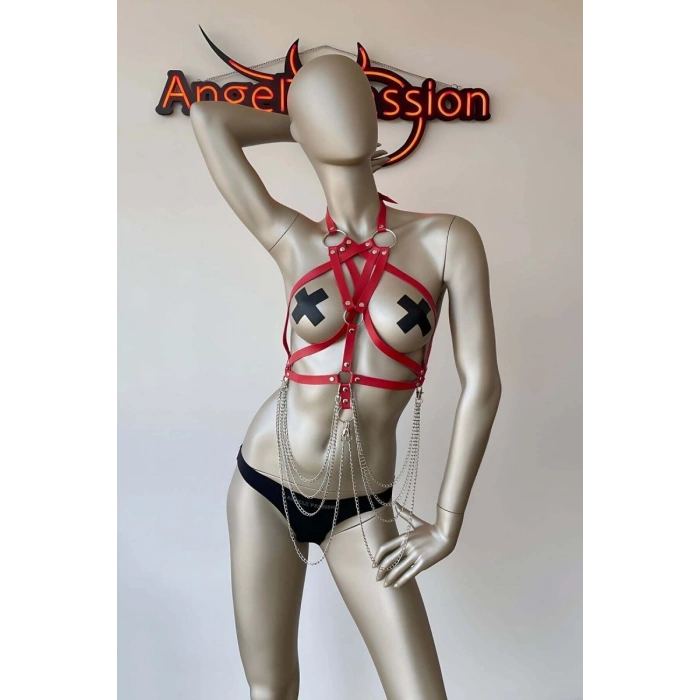 Kırmızı Göğüs Üzeri Seksi  Harness