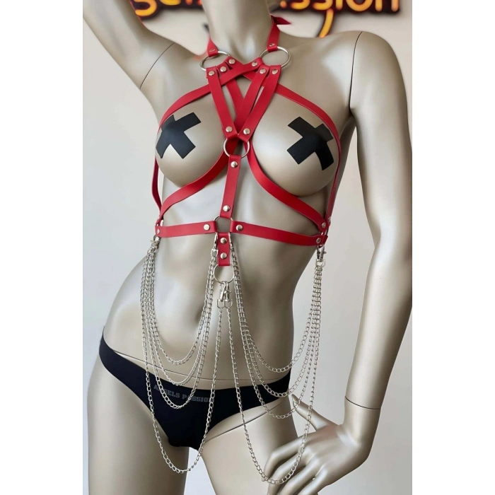 Kırmızı Göğüs Üzeri Seksi  Harness