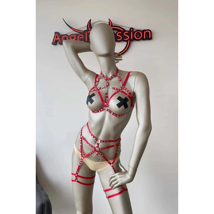 Kırmızı Seksi Elastik Jartiyer Harness Takım