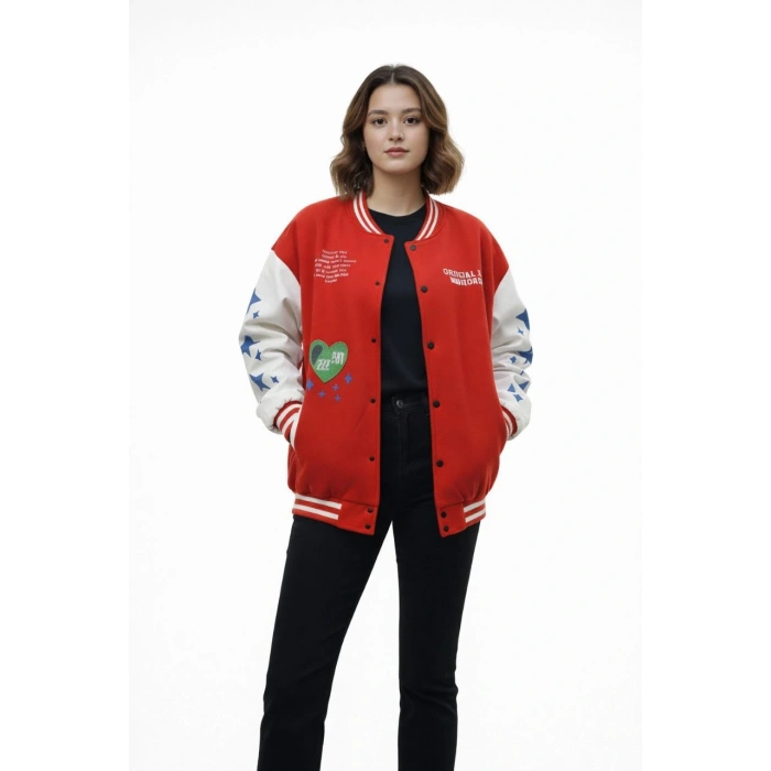 Kırmızı Varsity Çıtçıtlı Baskılı Oversize kalıp Kolej Ceket - Kırmızı