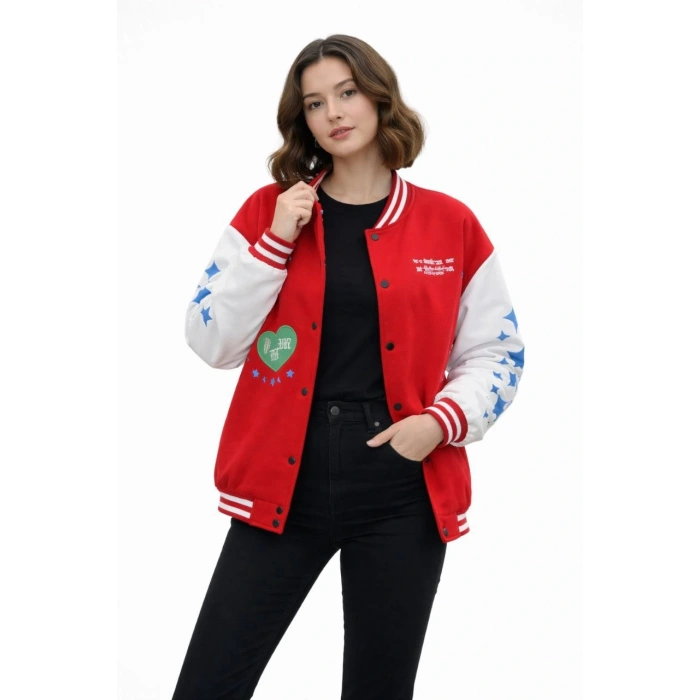 Kırmızı Varsity Çıtçıtlı Baskılı Oversize kalıp Kolej Ceket - Kırmızı