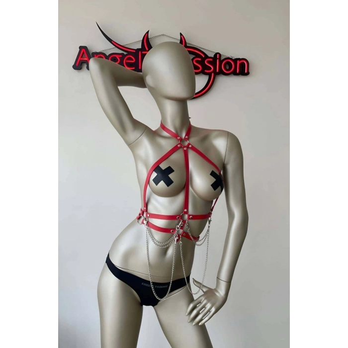 Kırmızı Ve Zincir Detaylı Şık Deri Harness - 3