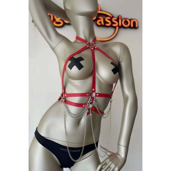Kırmızı Ve Zincir Detaylı Şık Deri Harness - 3