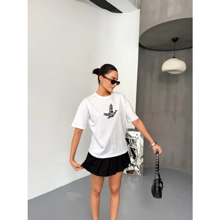 Kısa Kol Baskılı T-shirt - Beyaz