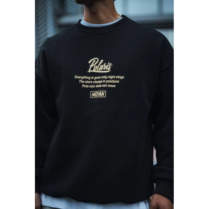 Kışlık Bisiklet Yaka Ön Ve Arka Baskılı SweatShirt - Siyah
